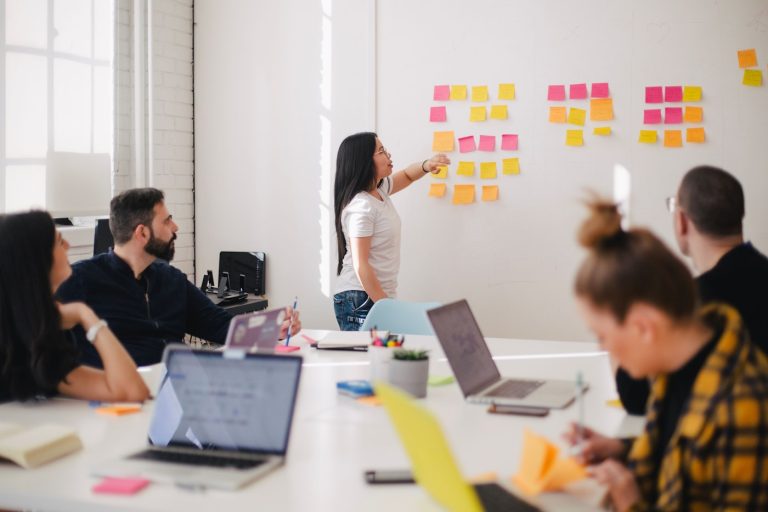 Team plant duurzaamheidsdoelen bij een whiteboard