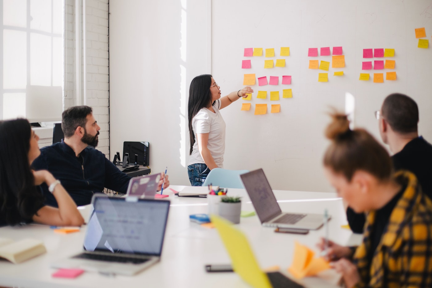Team plant duurzaamheidsdoelen bij een whiteboard